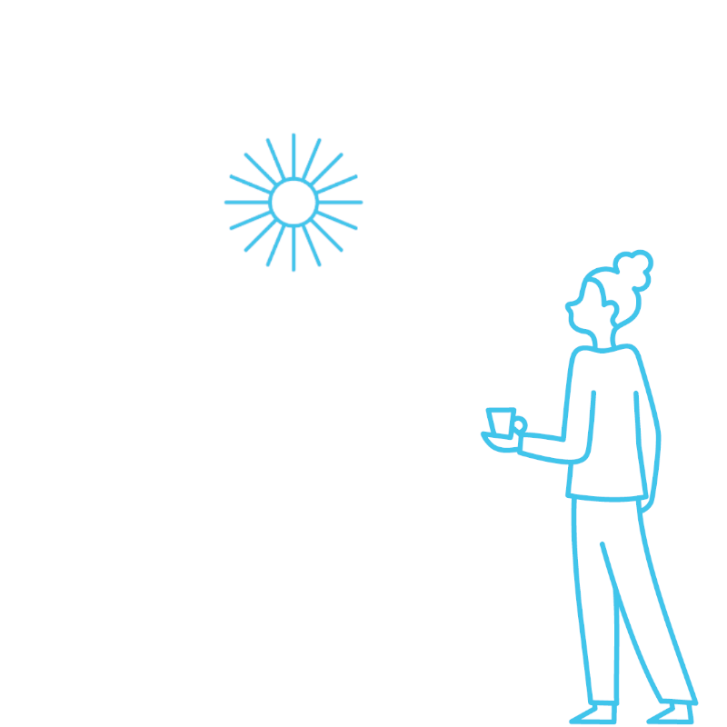A line drawing of a woman holding a coffee cup looking at the sky.