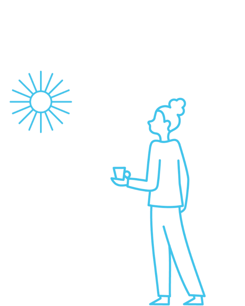 A line drawing of a woman looking at the sun. 