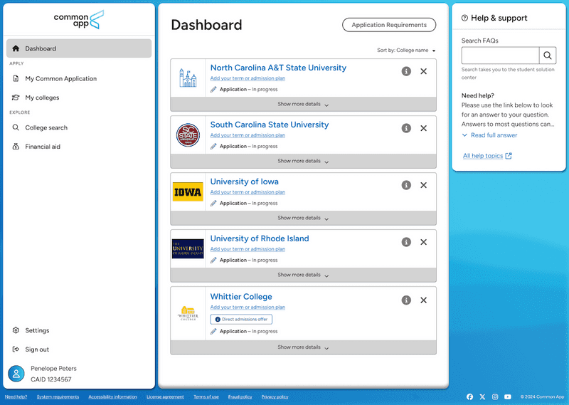 A screenshot of the Common App dashboard.