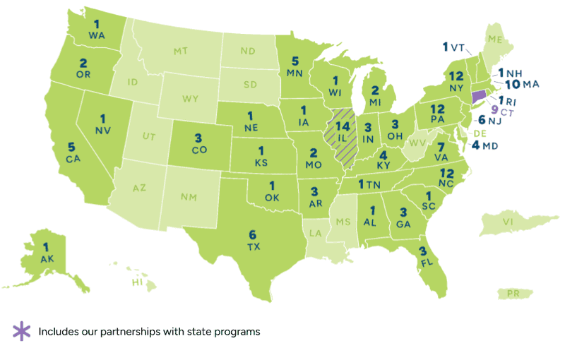 This is a map of the United States showing the number of instittutions in each state that participate in the Common App Direct Admissions program.