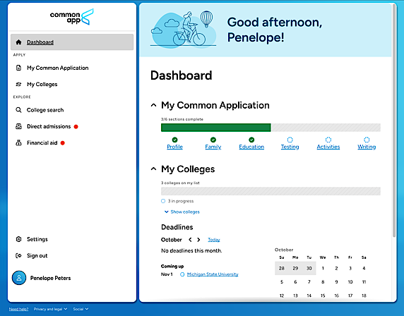 A screenshot of the Common App dashboard.