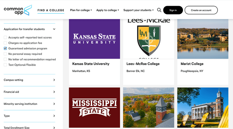 Screenshot of Guaranteed Admissions filter in Common App Explore Colleges