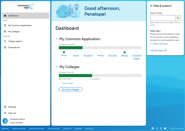 This is a screenshot of the Common App dashboard.  This is the landing page for the app. 