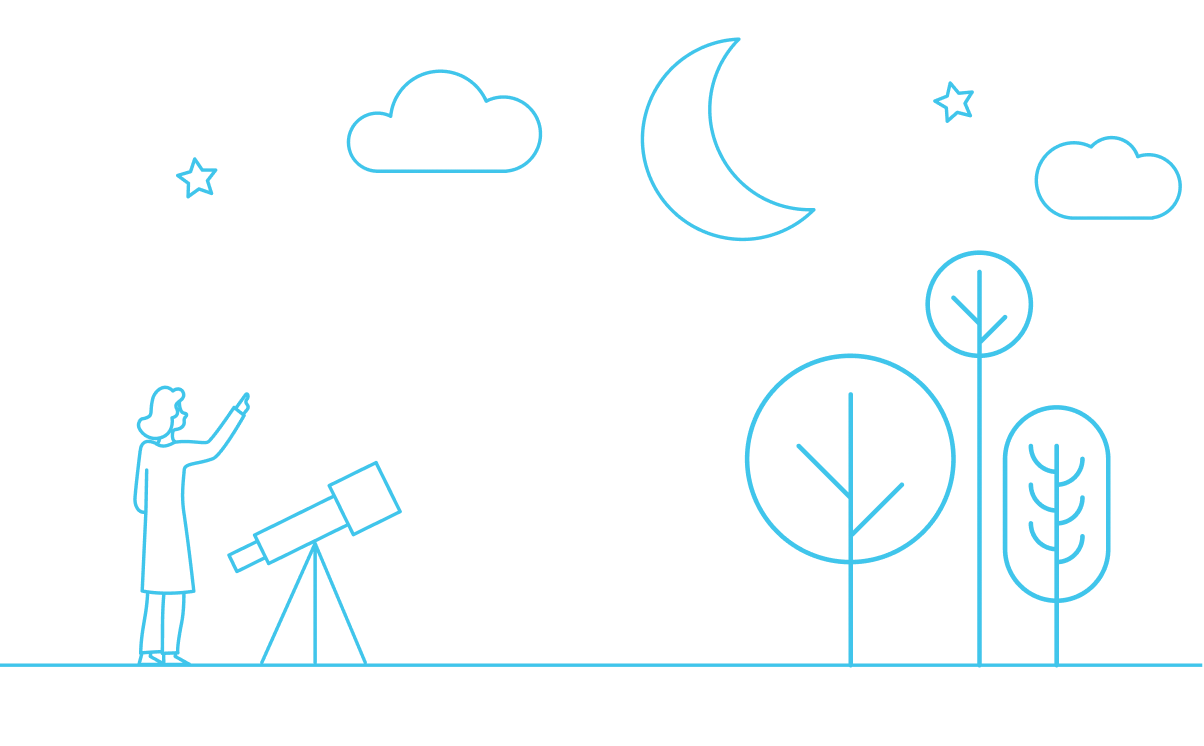 Line drawing of person looking at the sky with a telescope. 