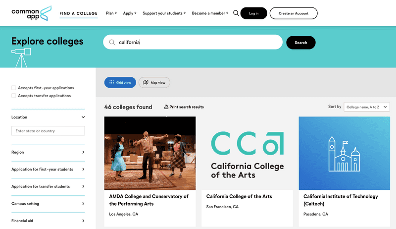 Common App Explore Colleges