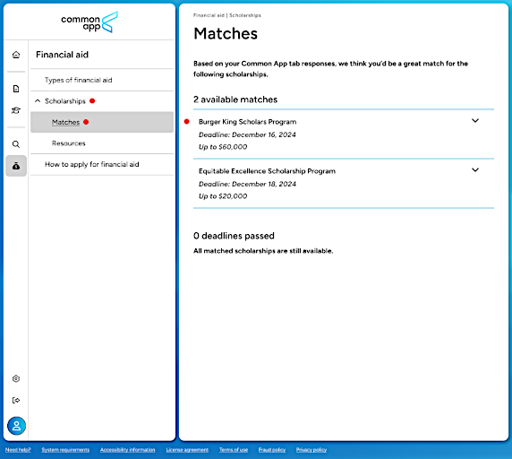 A screenshot of the scholarship matching tab in the Common App.