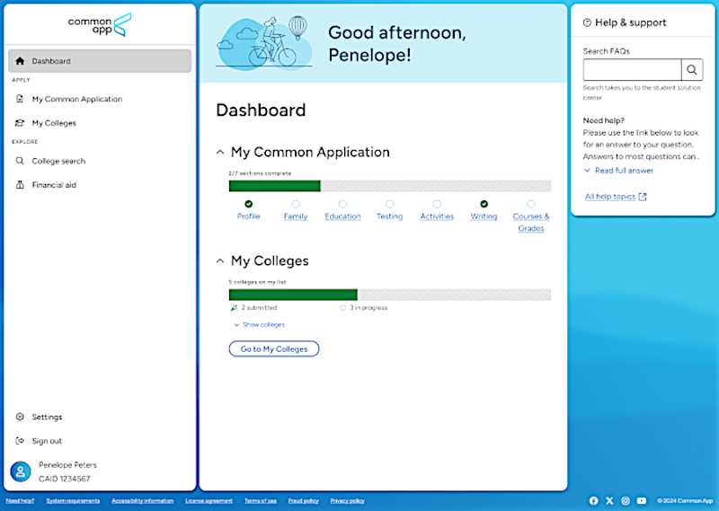 This is a screenshot of the Common App dashboard.  This is the landing page for the app. 
