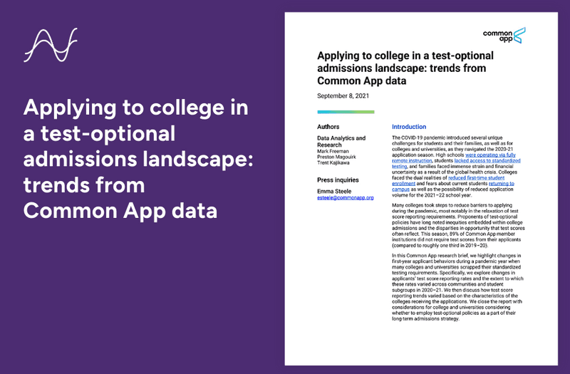 Cover page, brief on test-optional admissions.