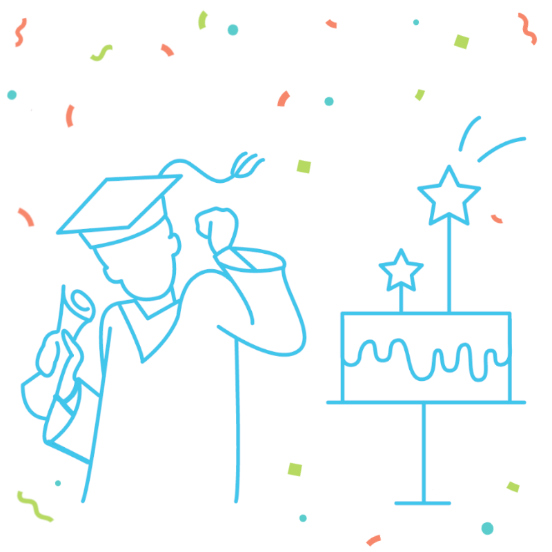 A line drawing of a college graduate in a cap and gown celebrating. 