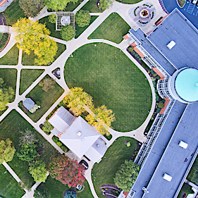 Aerial view of college campus.