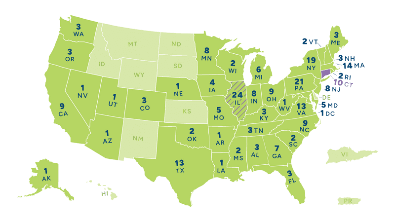 This is a map of the United States showing the number of instittutions in each state that participate in the Common App Direct Admissions program.