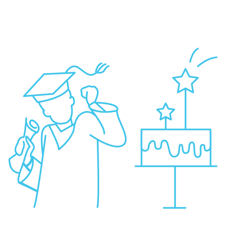 A line drawing of a student in a cap and gown celebrating graduation.